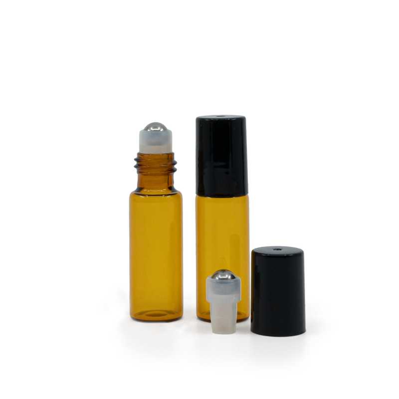 Flacone roll-on, vetro, ambra, 5 ml, anello nero