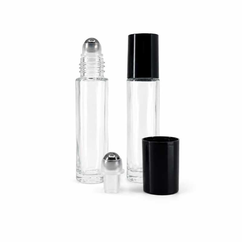 Flacone roll-on in vetro trasparente, tappo nero, sfera metallica, 10 ml