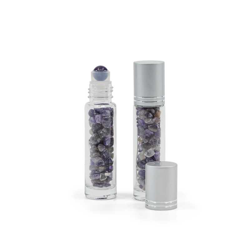 Flacone roll-on, vetro, ametista, tappo argento, 10 ml