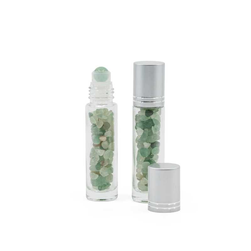 Flacone roll-on in vetro, avventurina, tappo argento, 10 ml