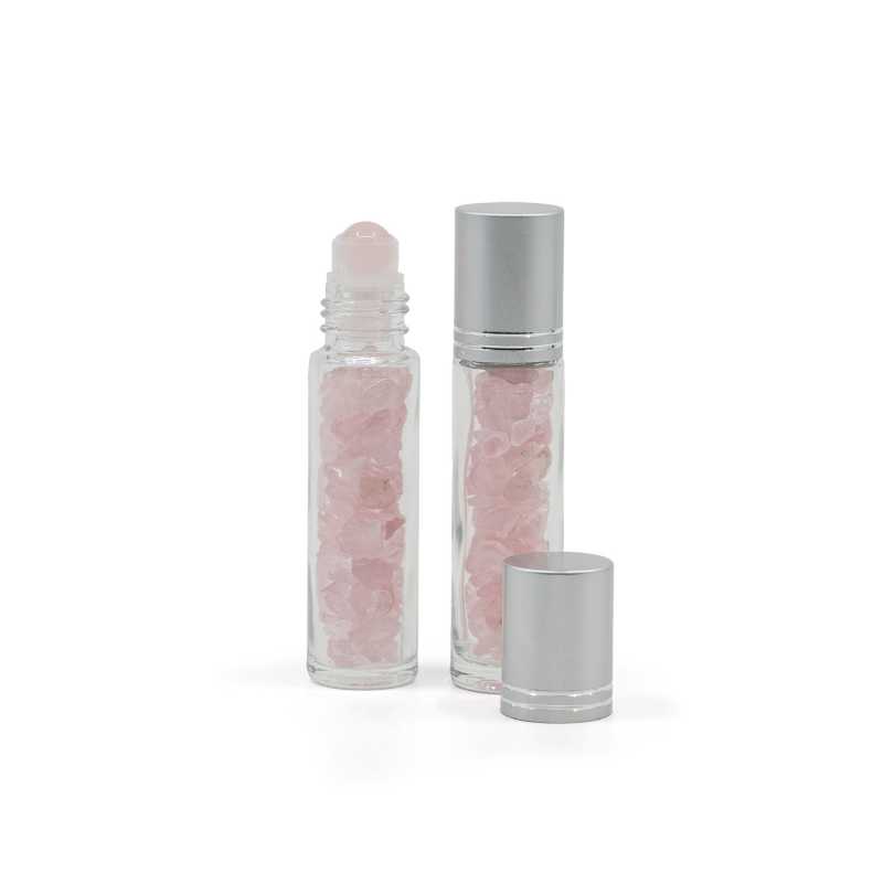 Roll-on in vetro, quarzo rosa, tappo argento, 10 ml