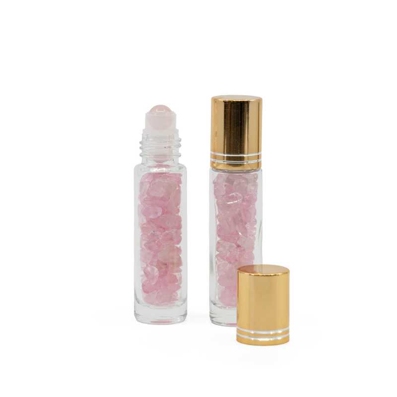 Roll-on in vetro, quarzo rosa, tappo dorato, 10 ml