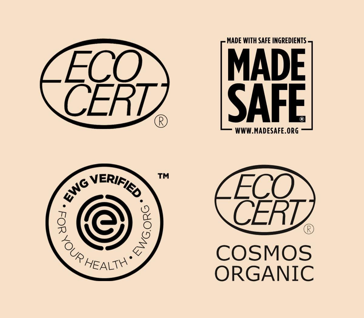 Symbols and certification labels on a cosmetic product label